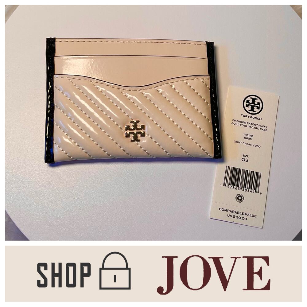 $110 Tory Burch Emerson Quilted Patent Leather Slim Card Case Wallet